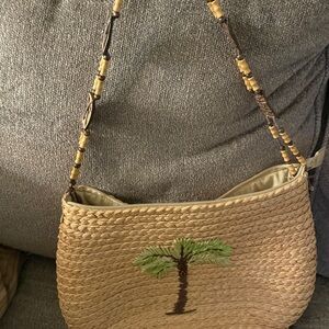 Tropical Palm Embroidered Straw Shoulder Bag
